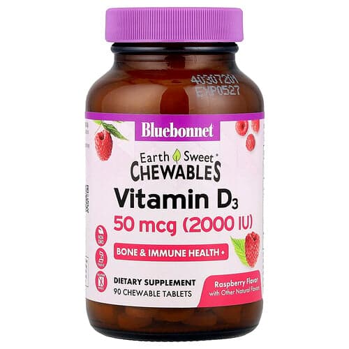 Bluebonnet Nutrition, EarthSweet® Chewables, Vitamin D3, Raspberry, 50 mcg (2,000 IU), 90 Chewable Tablets