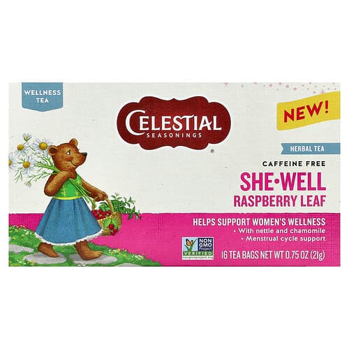 Celestial Seasonings, She-Well, Herbal Tea, Raspberry Leaf, Caffeine Free, 16 Tea Bags, 0.75 oz (21 g)