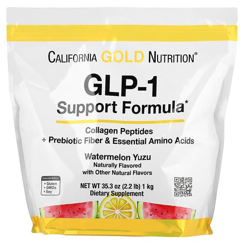 California Gold Nutrition, GLP-1 Support Formula with Collagen Peptides, Prebiotic Fiber & Essential Amino Acids, Watermelon Yuzu, 2.2 lb (1 kg)