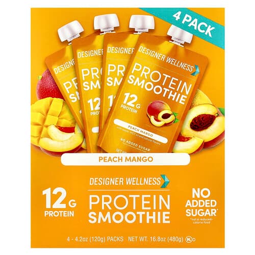 Designer Wellness, Protein Smoothie, Peach Mango, 4 Packs, 4.2 oz (120 g) Each