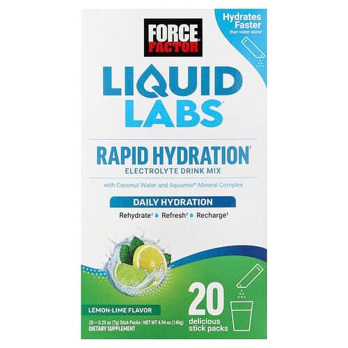 Force Factor, Liquid Labs™, Rapid Hydration Electrolyte Drink Mix, Lemon-Lime, 20 Stick Packs, 0.25 oz (7 g) Each