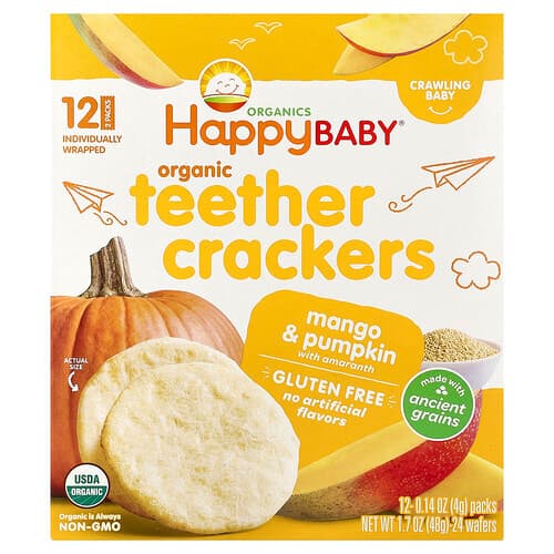 Happy Family Organics, Happy Baby®, Organic Teether Crackers, Mango & Pumpkin with Amaranth, 12 Packs, 0.14 oz (4 g) Each