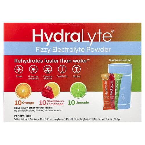 Hydralyte, Fizzy Electrolyte Powder, Variety Pack, Orange, Strawberry Lemonade, Limeade, 30 Individual Packets, 6.9 oz (200 g)