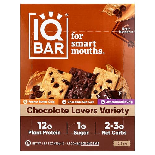 IQBAR, Plant Protein Bar, Chocolate Lovers Variety, 12 Bars, 1.6 oz (45 g) Each