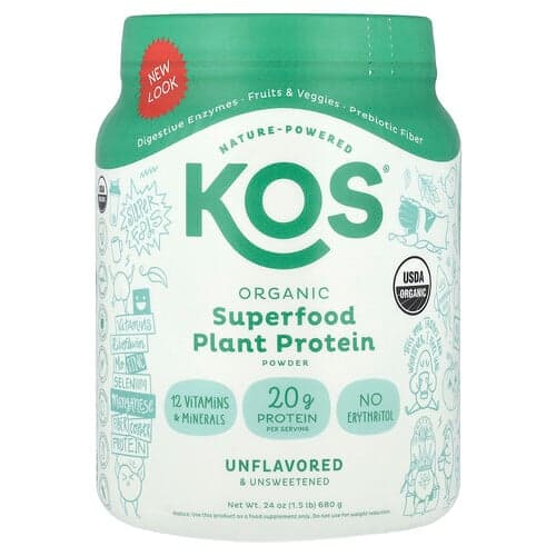 KOS, Organic Superfood Plant Protein Powder, Unflavored & Unsweetened, 1.5 lb (680 g)