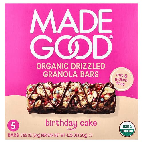 MadeGood, Granola Bars, Organic Drizzled, Birthday Cake, 5 Bars, 0.85 oz (24 g) Each