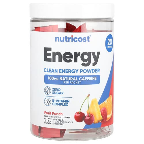 Nutricost, Energy, Clean Energy Powder, Fruit Punch, 20 Stick Packs, 0.18 oz (5 g) Each