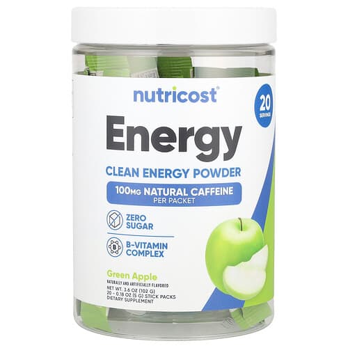 Nutricost, Energy, Clean Energy Powder, Green Apple, 20 Stick Packs, 0.18 oz (5 g) Each