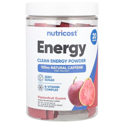Nutricost, Energy, Clean Energy Powder, Passionfruit Guava, 20 Stick Packs, 0.18 oz (5 g) Each