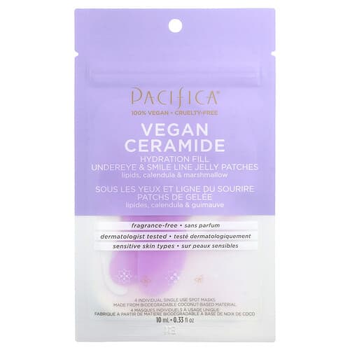 Pacifica, Vegan Ceramide, Hydration Fill Undereye & Smile Line Jelly Patches, Fragrance-Free, 4 Spot Masks, 0.33 fl oz (10 ml)
