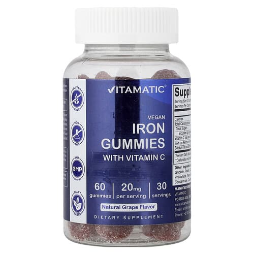 Vitamatic, Vegan Iron Gummies With Vitamin C, Natural Grape, 60 Gummies