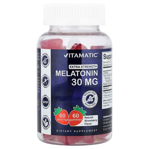 Vitamatic, Melatonin Gummies, Natural Strawberry, 30 mg, 60 Gummies