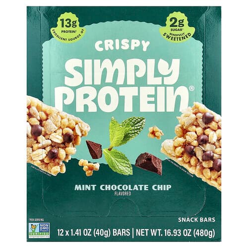 Simply Protein, Crispy Snack Bars, Mint Chocolate Chip, 12 Bars, 1.41 oz (40 g) Each