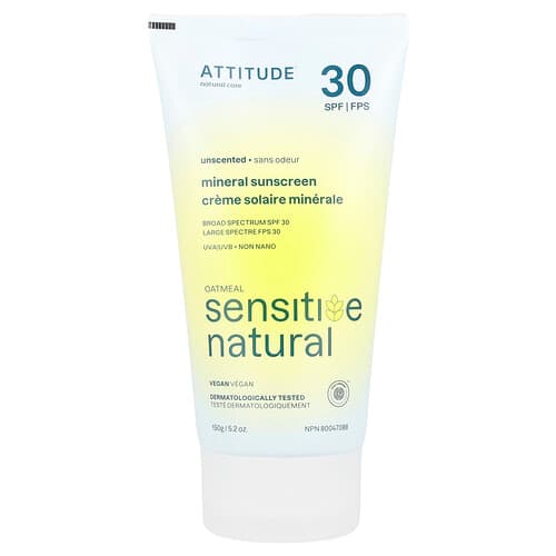ATTITUDE, Mineral Sunscreen, Oatmeal Sensitive Natural, SPF 30, Unscented, 5.2 oz (150 g)