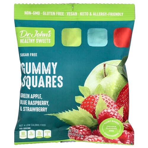 Dr. John's Healthy Sweets, Gummy Squares, Sugar Free, Green Apple, Blue Raspberry, & Strawberry, 1.8 oz (50 g)