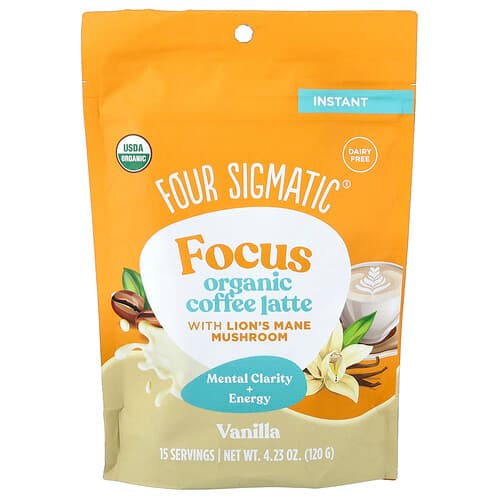Four Sigmatic, Focus, Organic Instant Coffee Latte With Lion's Mane Mushroom, Vanilla, 4.23 oz (120 g)