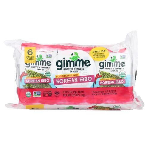 gimMe, Roasted Seaweed Snacks, Korean BBQ, 6 Packs, 0.17 oz (5 g) Each