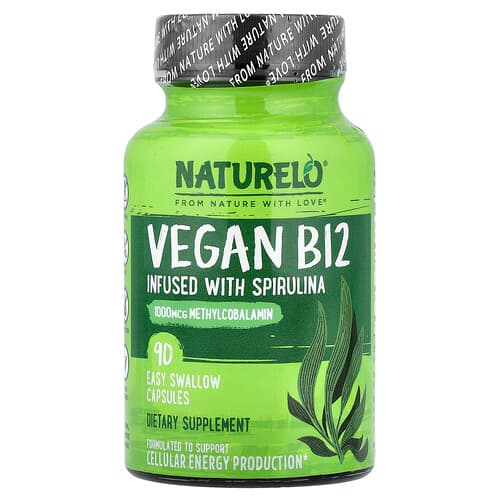 NATURELO, Vegan B12 Infused with Spirulina, 90 Easy Swallow Capsules