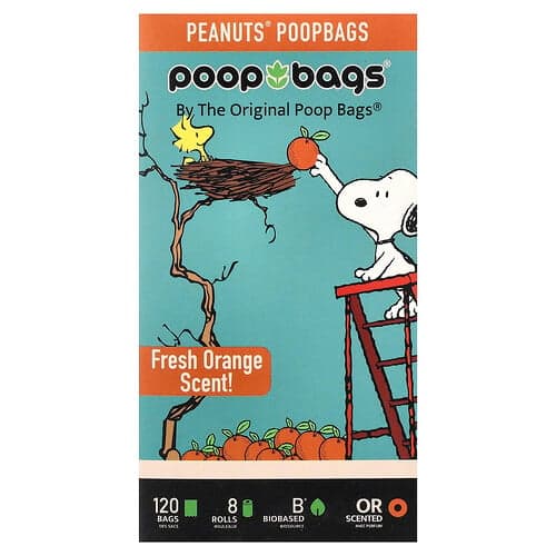 Original Poop Bags, Peanuts®, Orange, 8 Rolls, 15 Bags Each