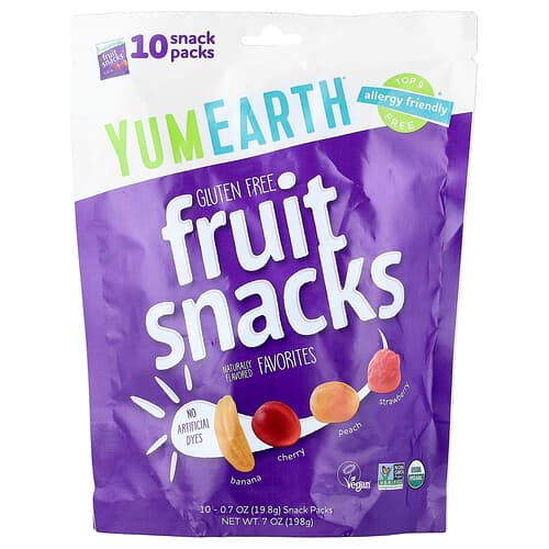 YumEarth, Gluten Free Fruit Snacks, Favorites, 10 Snack Packs, 0.7 oz (19.8 g) Each